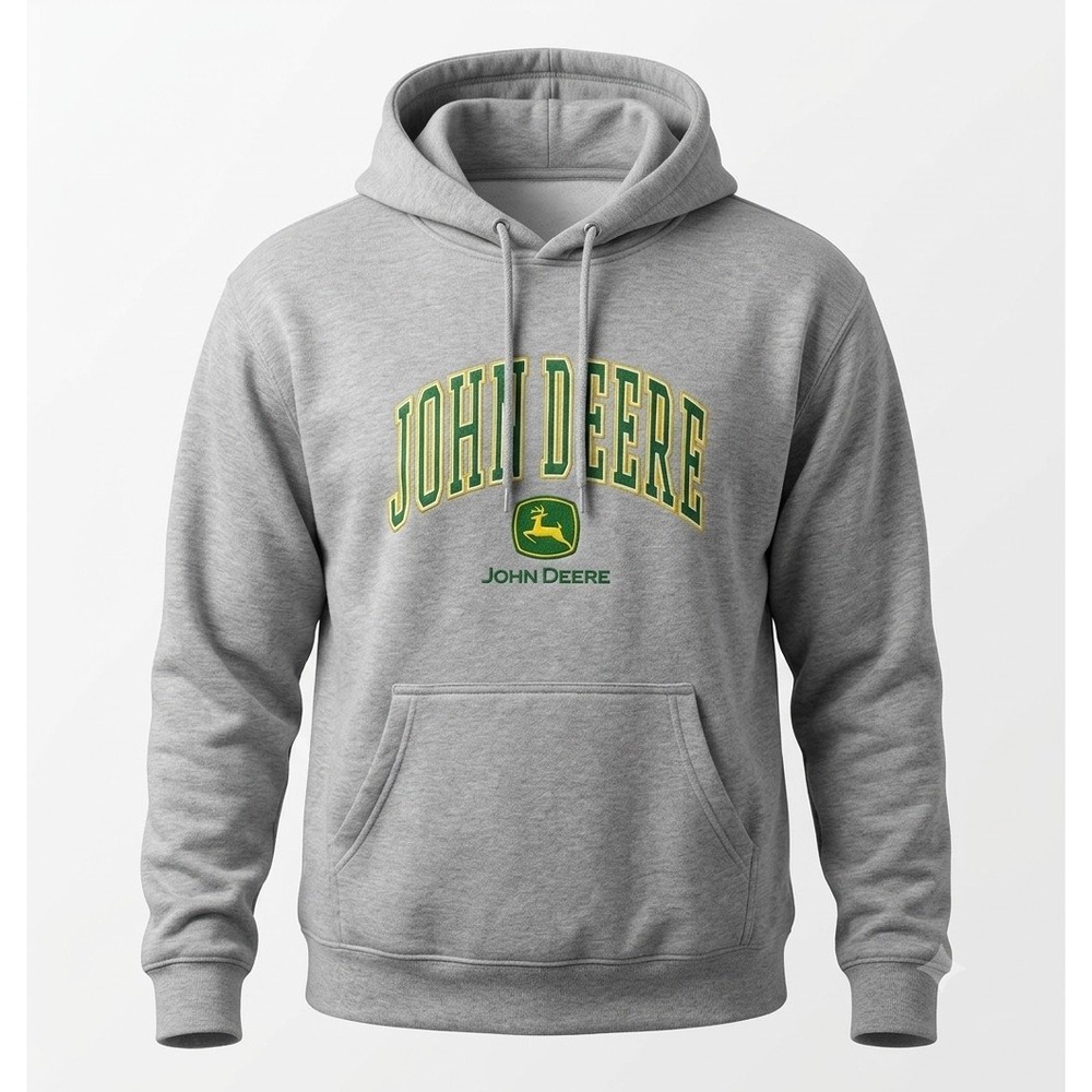 John Deere Men's Gray Logo Pullover Pouch Pocket Heavyweight Hoodie. Size XXL